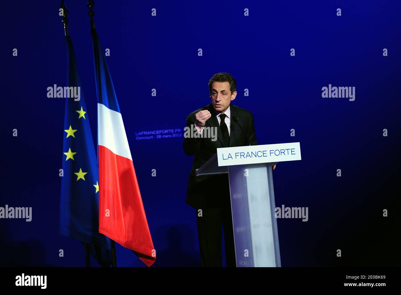 French incumbent President and UMP ruling candidate for 2012 presidential election Nicolas Sarkozy delivers a speech during a campaign meeting in Elancourt, France on March 28, 2012. Photo by Mousse/ABACAPRESS.COM Stock Photo