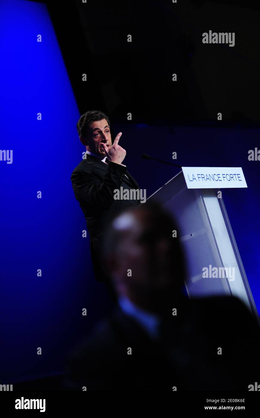 French incumbent President and UMP ruling candidate for 2012 presidential election Nicolas Sarkozy delivers a speech during a campaign meeting in Elancourt, France on March 28, 2012. Photo by Mousse/ABACAPRESS.COM Stock Photo