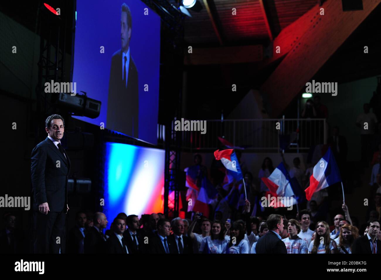 French incumbent President and UMP ruling candidate for 2012 presidential election Nicolas Sarkozy is pictured during a campaign meeting in Elancourt, France on March 28, 2012. Photo by Mousse/ABACAPRESS.COM Stock Photo