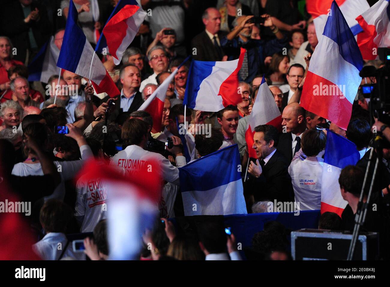 French incumbent President and UMP ruling candidate for 2012 presidential election Nicolas Sarkozy arrives at a campaign meeting in Elancourt, France on March 28, 2012. Photo by Mousse/ABACAPRESS.COM Stock Photo