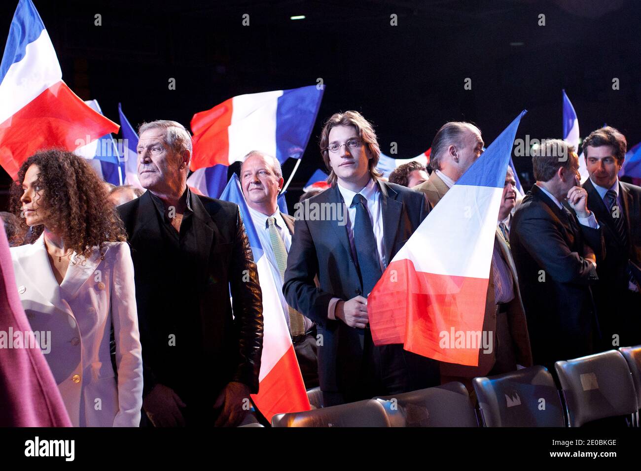 Gerard Darmon and Jean Sarkozy attend a meeting to support French incumbent President and UMP ruling candidate for 2012 presidential election Nicolas Sarkozy, in Levallois-Perret, suburbs of Paris, France, on March 28, 2012.. Photo by Stephane Lemouton/ABACAPRESS.COM. Stock Photo