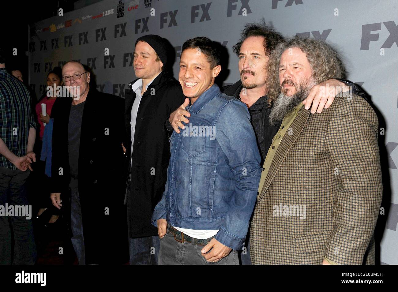 Sons of Anarchy cast members L-R: Charlie Hunnam, Dayton Callie, Theo Rossi, Kim Coates and Mark Boone Junior attends the 2012 FX Ad Sales Upfront at Lucky Strike in New York City, NY, USA on March 29, 2012. Photo by Graylock/ABACAPRESS.COM Stock Photo