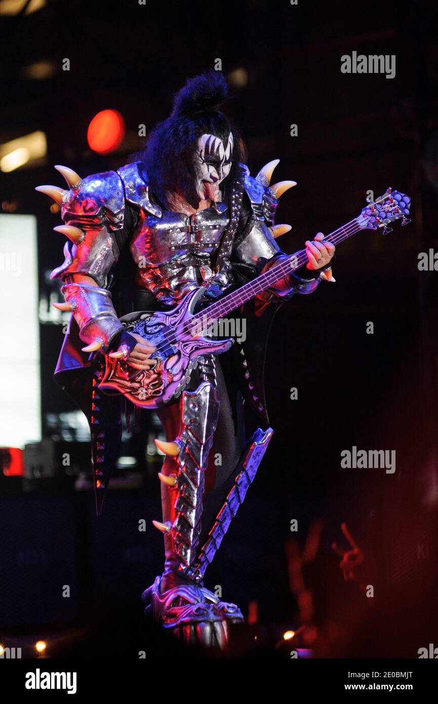Gene Simmons of 'KISS' performing live on stage during the Final Tour celebrations in New Orleans, LA, USA on March 30, 2012. Photo by Craig Mulcahy/ABACAPRESS.COM Stock Photo