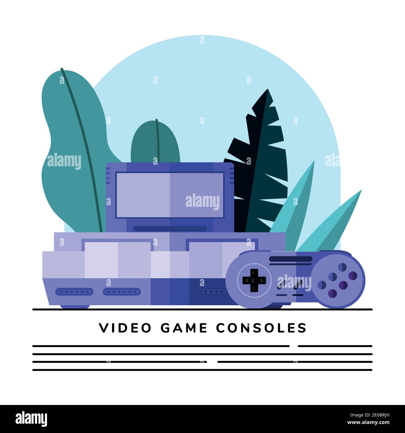 purple videogame consoles with leaves design, play leisure and gaming theme Vector illustration Stock Vector