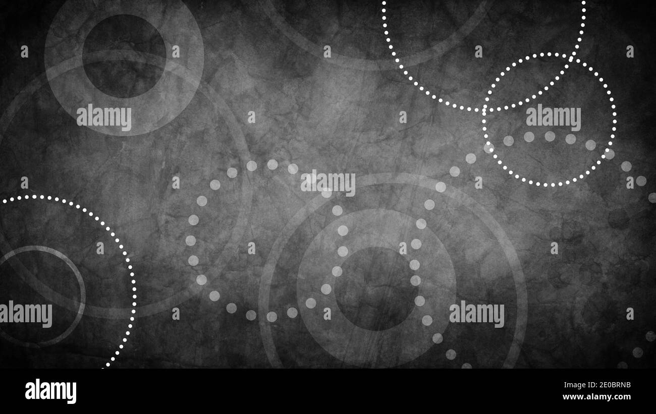 abstract black background with grunge texture and white geometric circles and dots in old vintage paper design Stock Photo