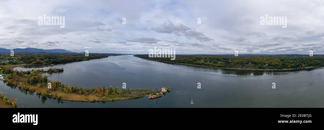 Aerial view of Saugerties, New York and the Saugerties Lighthouse Stock