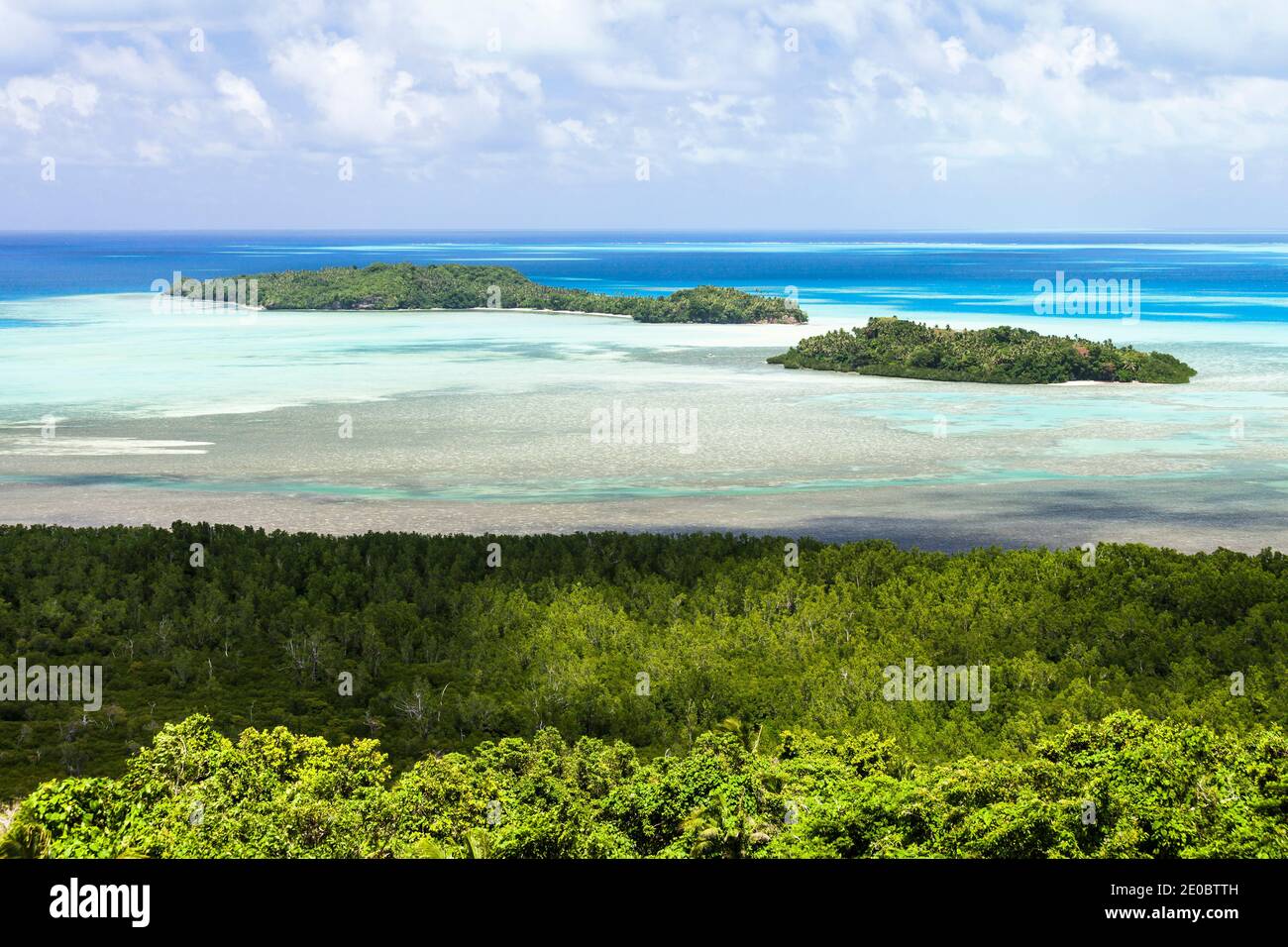 Scenic View of coral sea and reef, from Japanese WWII Lighthouse,  Ngarchelong, Arekalong peninsula, Island of Babeldaob, Palau, Micronesia, Oceania Stock Photo