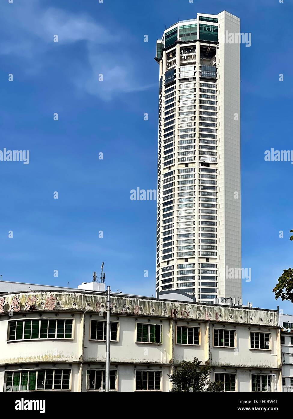 The 66-story iconic building of Komtar Tower dominates the skyline of the Georgetown city, Penang. It is the tallest building in Penang Island. Stock Photo