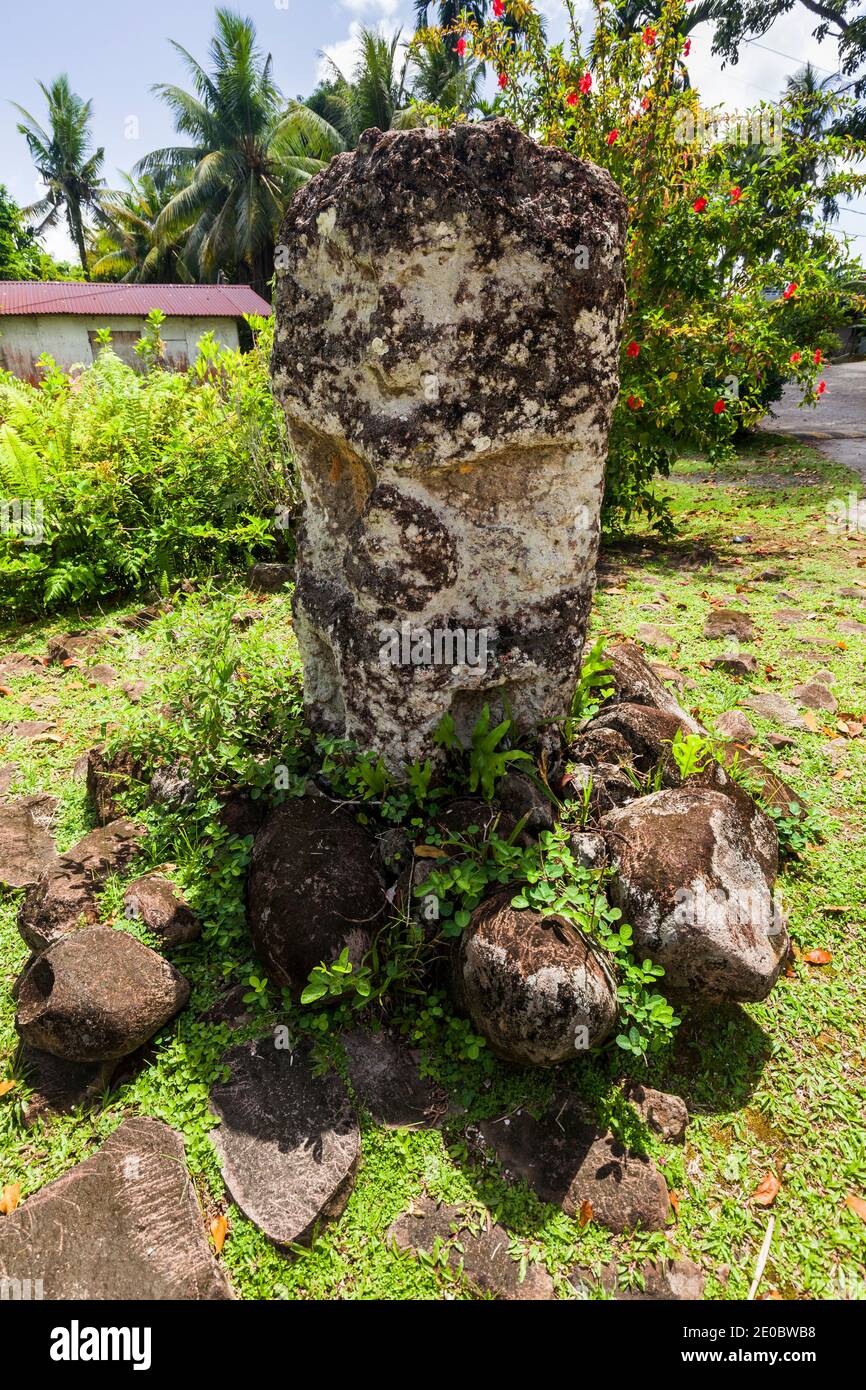 Traditional Face stone monolith, named Mother and Child, near Ngermid, Island of Koror, Koror, Palau, Micronesia, Oceania Stock Photo