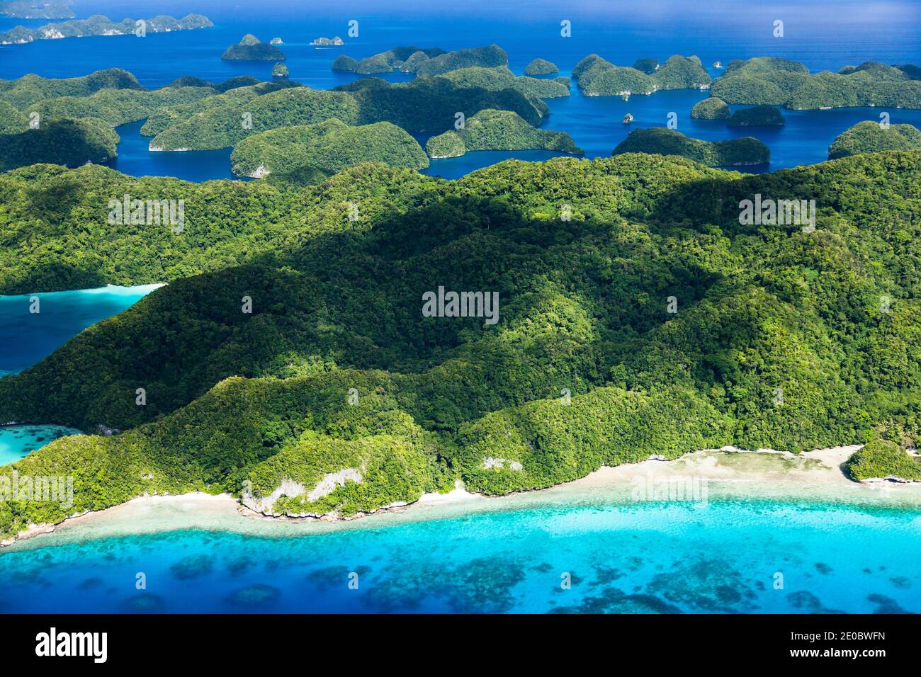 Aerial view of the Rock Islands, archipelago over Ngeruktabel island, Koror, Palau, Micronesia, Oceania Stock Photo