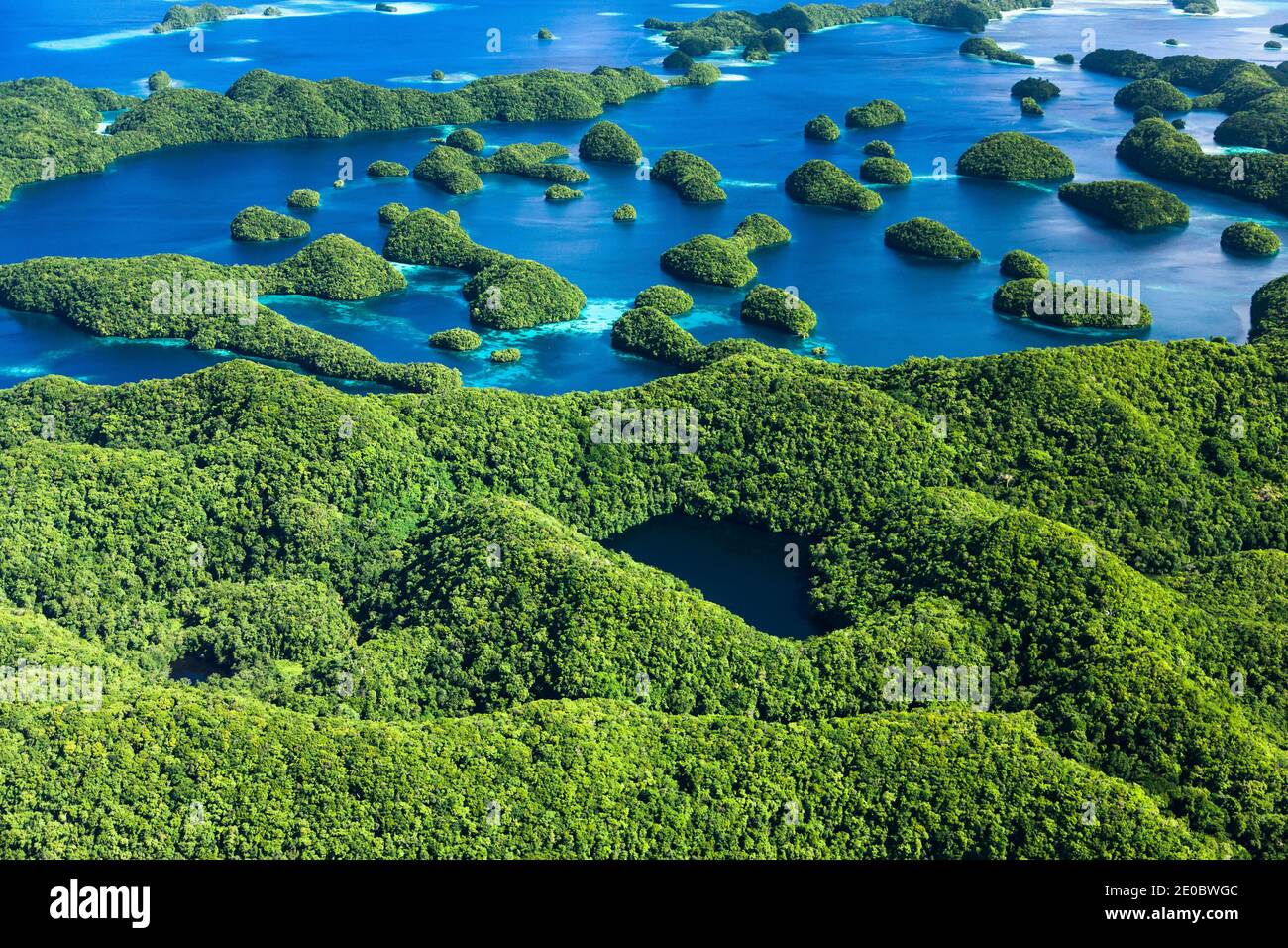 Aerial view of the Rock Islands, over archipelago of Mecherchar island, or Eil Malk, Koror, Palau, Micronesia, Oceania Stock Photo