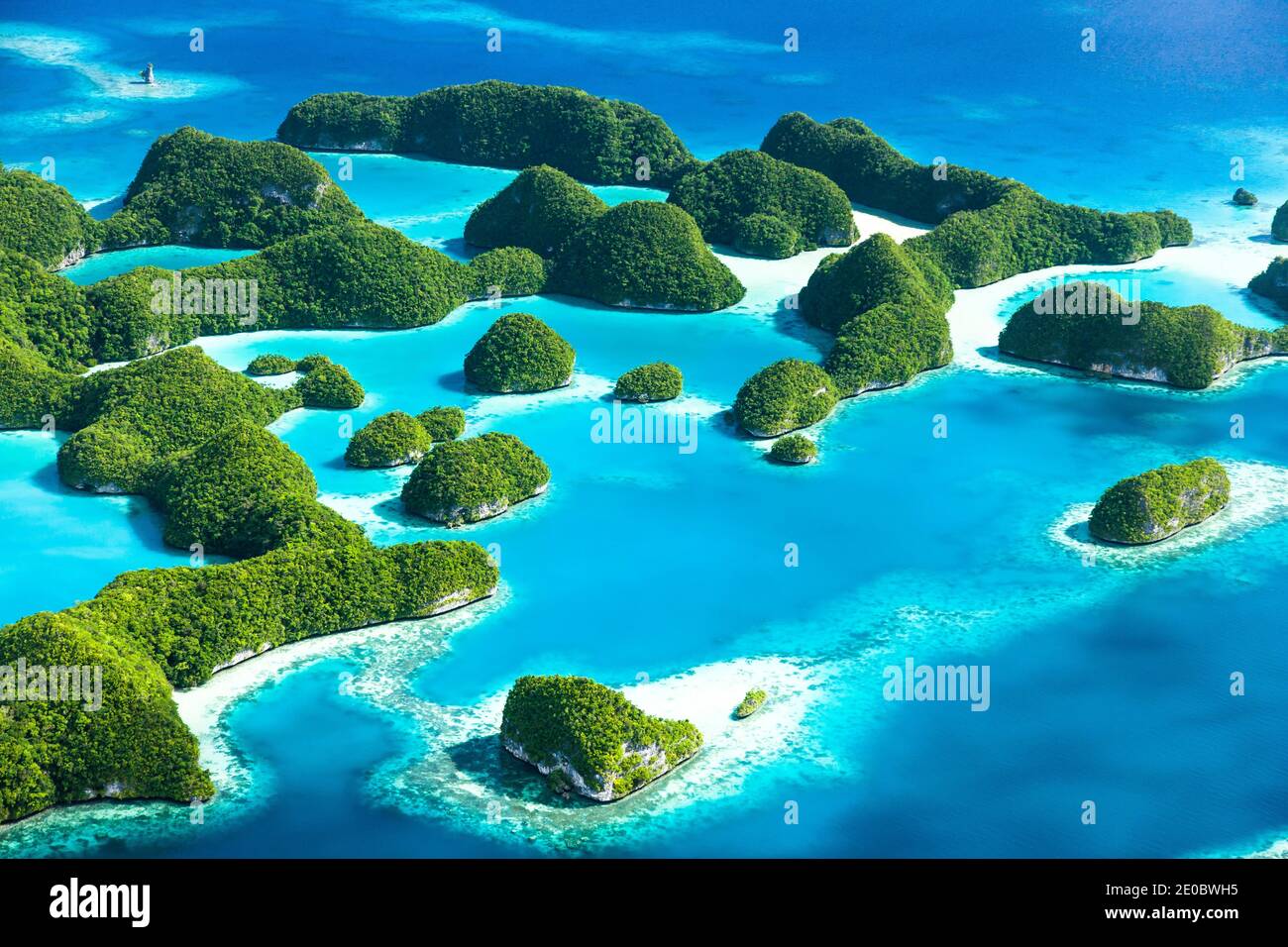 Aerial view of Seventy Islands, the Rock Islands, over archipelago of