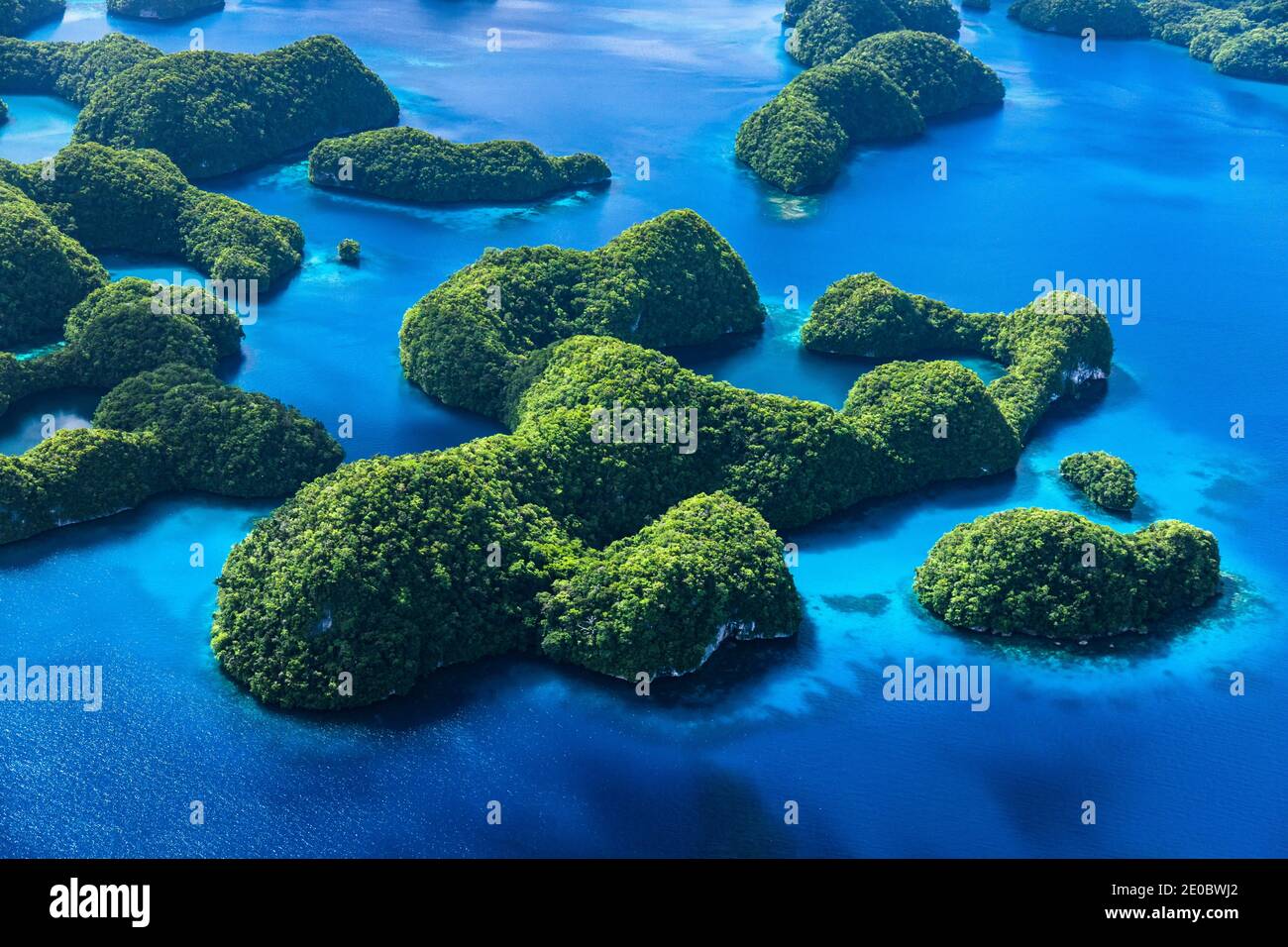 Aerial view of the Rock Islands, archipelago over Ngeruktabel island, Koror, Palau, Micronesia, Oceania Stock Photo