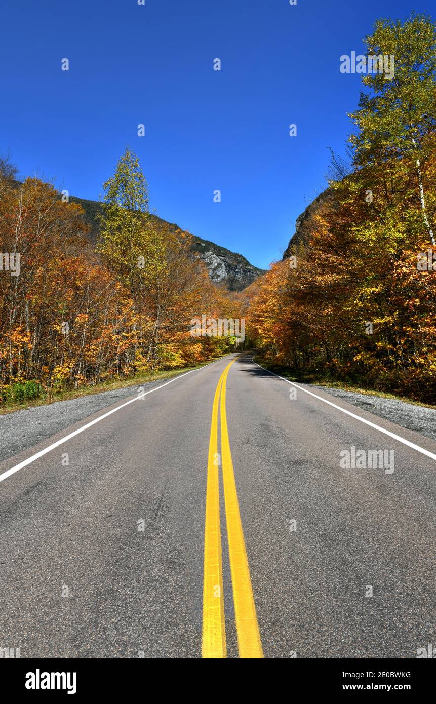 Road view of late fall foliage in Smugglers Notch, Vermont. Stock Photo