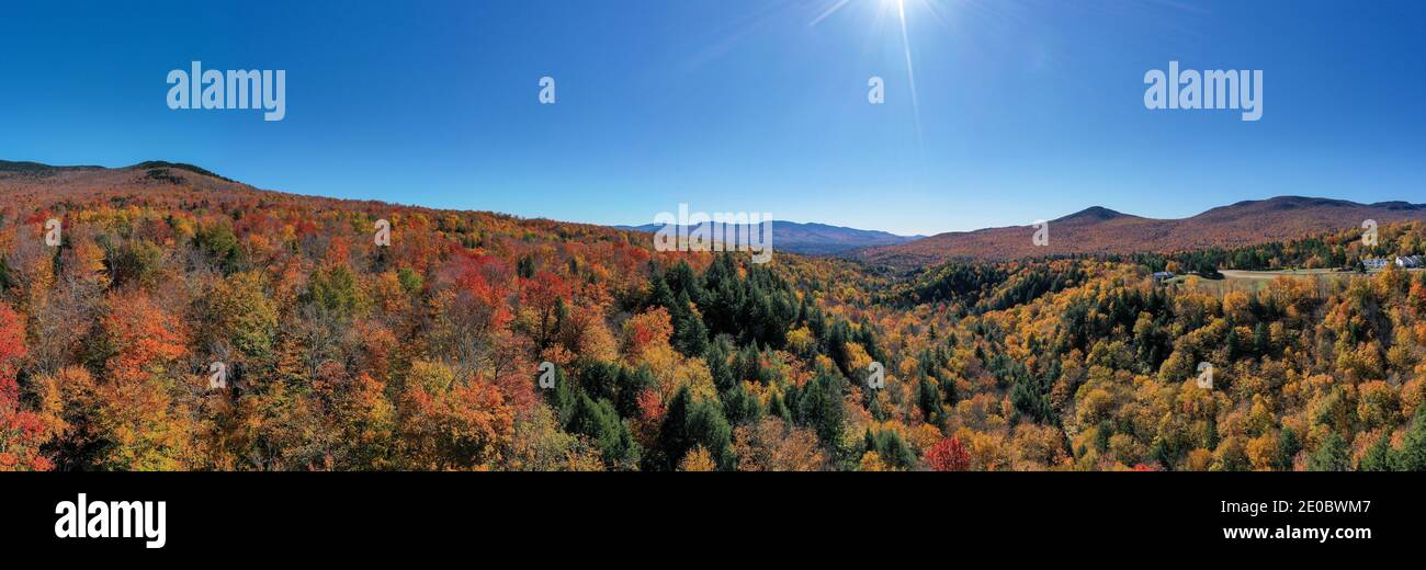 Aerial panoramic view of peak Fall foliage in Stowe, Vermont Stock