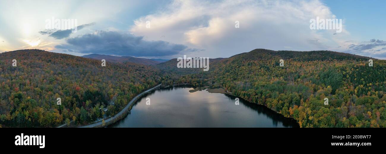 Aerial view of Amherst Lake in fall foliage in Plymouth, Vermont Stock