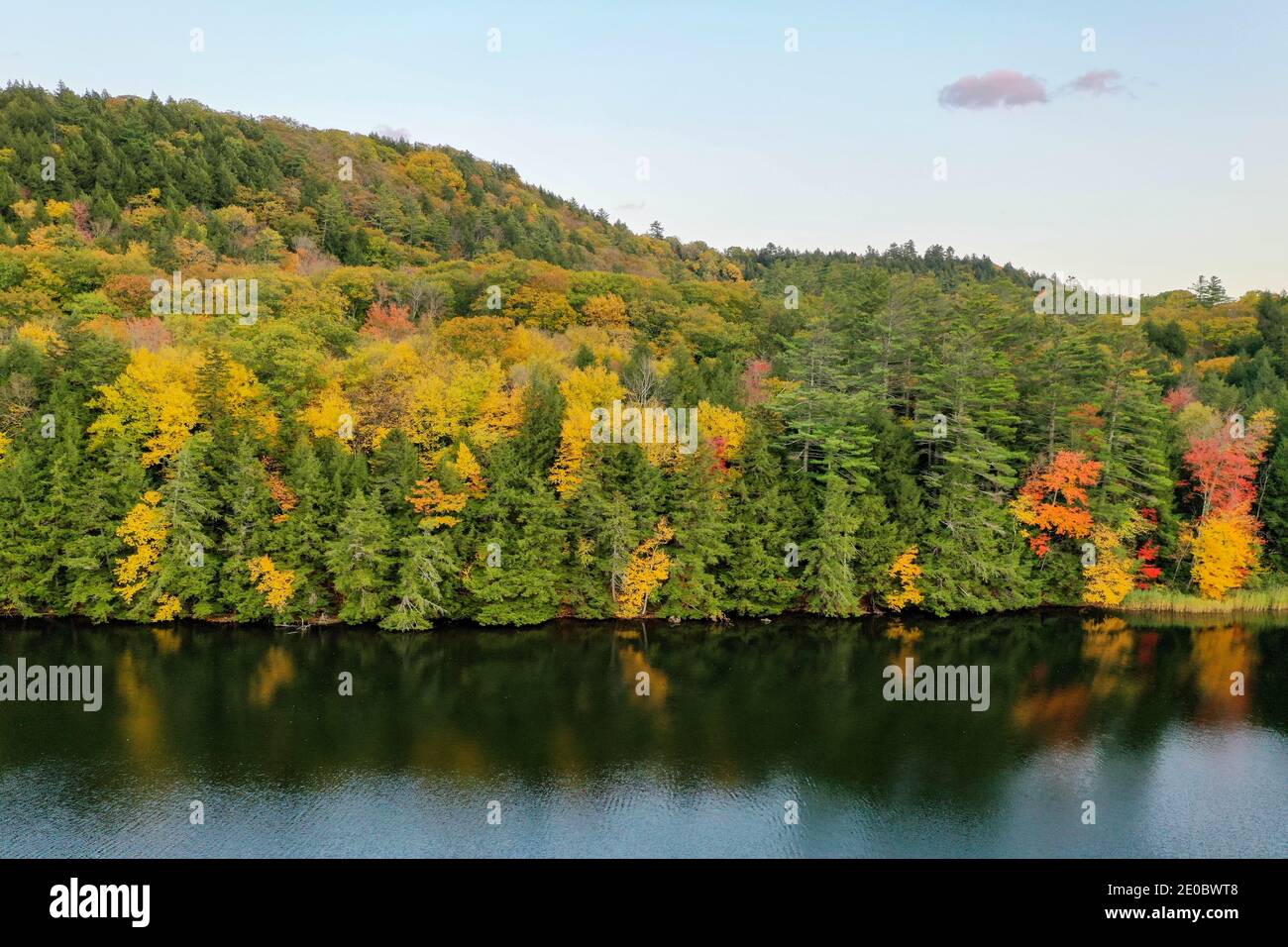 Aerial view of Amherst Lake in fall foliage in Plymouth, Vermont Stock