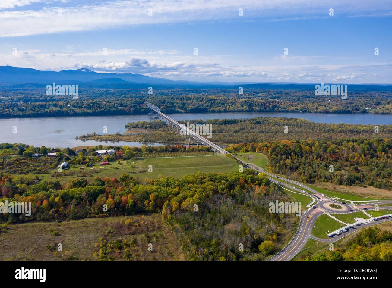 Aerial view of the Rip Van Winkle Bridge spanning the Hudson River between Catskill, NY and