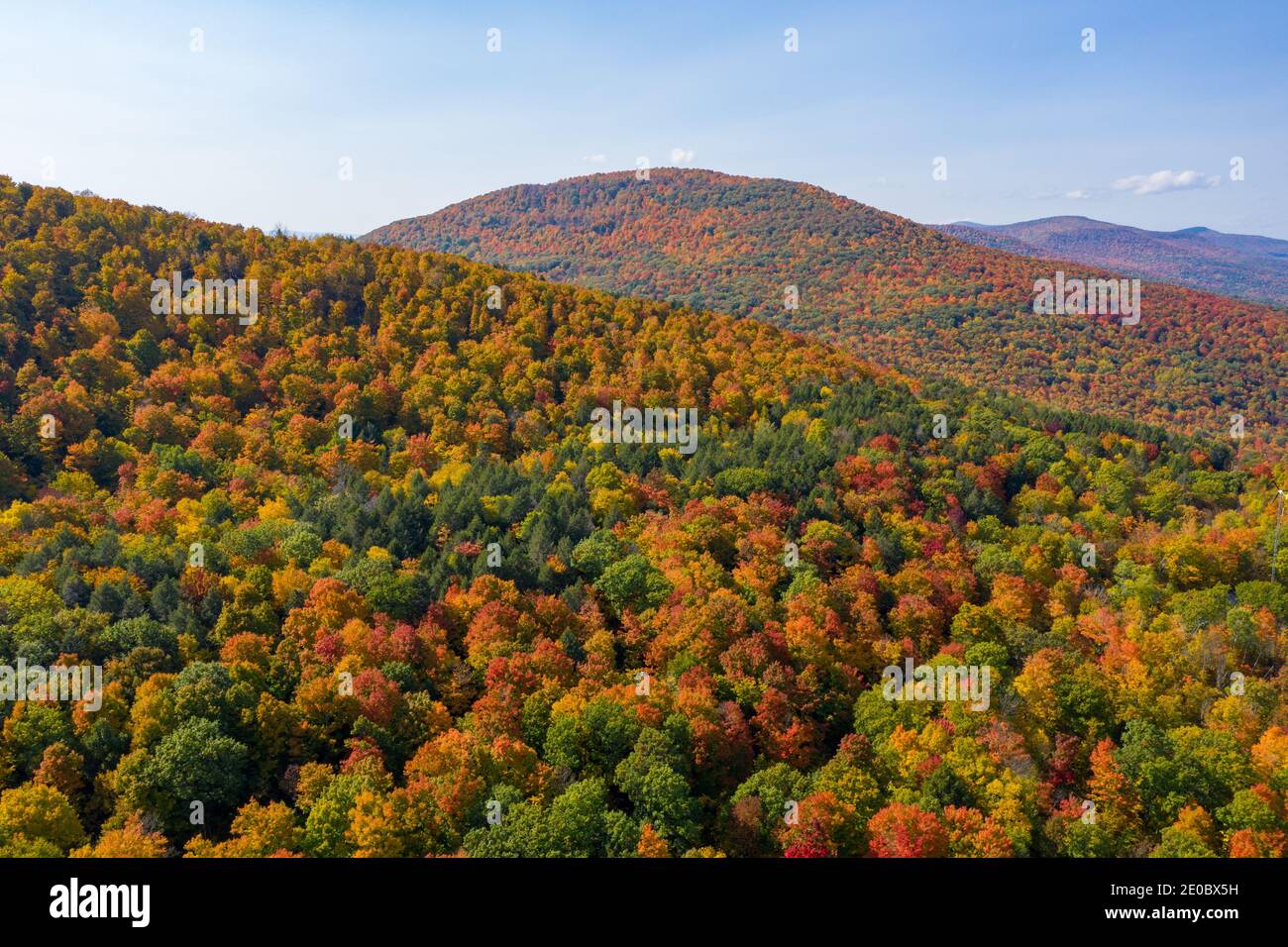 Aerial view of fall foliage along the Catskill Mountains in upstate New