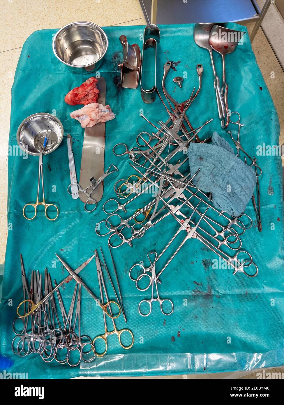 on an operating table lie used surgical instruments after a cesarean