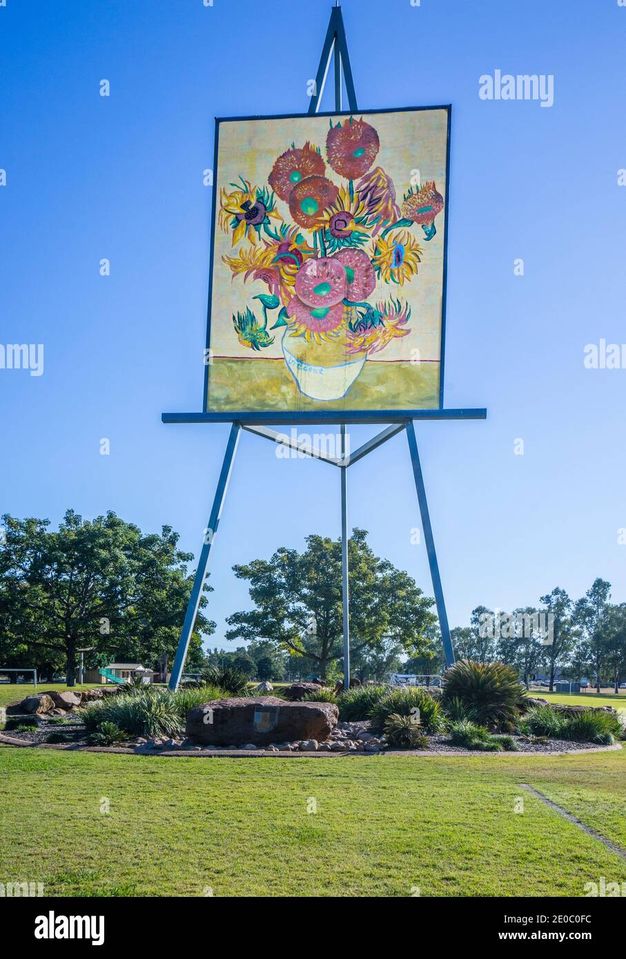 The Emerald Giant Van Gogh Sunflower Painting at Morton Park, Emerald, also known as 'The Big Easel', Central Highlands Region, Queensland, Australia Stock Photo