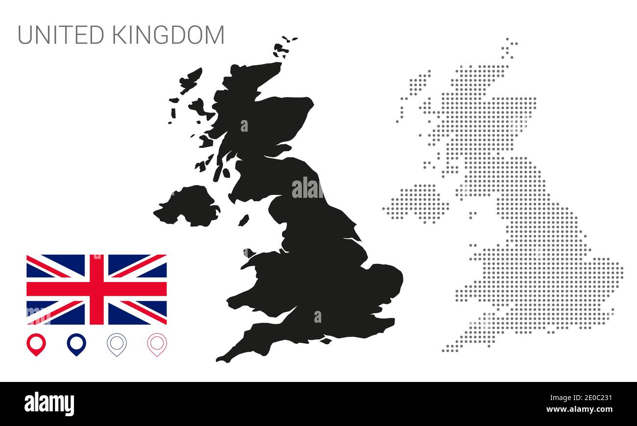Uk map dotted and silhouette on white background vector isolated, with union jack flag and pin. Isolated on white background. Travel vector illustrati Stock Vector