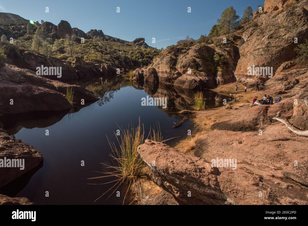 Bear gulch reservoir in Pinnacles National Park, several trails lead to