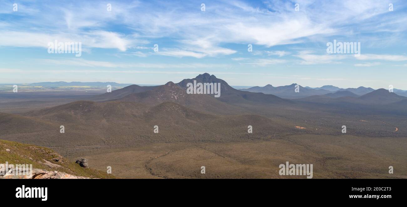 View down into the Stirling Range with Mt. Toobrunup in the Backgruond, Western Australia Stock Photo