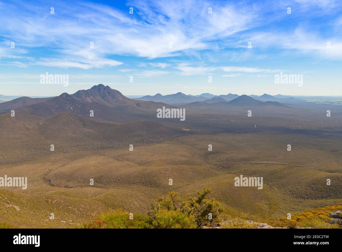 View into the Valley of the Sirtling Range Nationalpark close to Albany in Western Australia from Mt. Trio Stock Photo