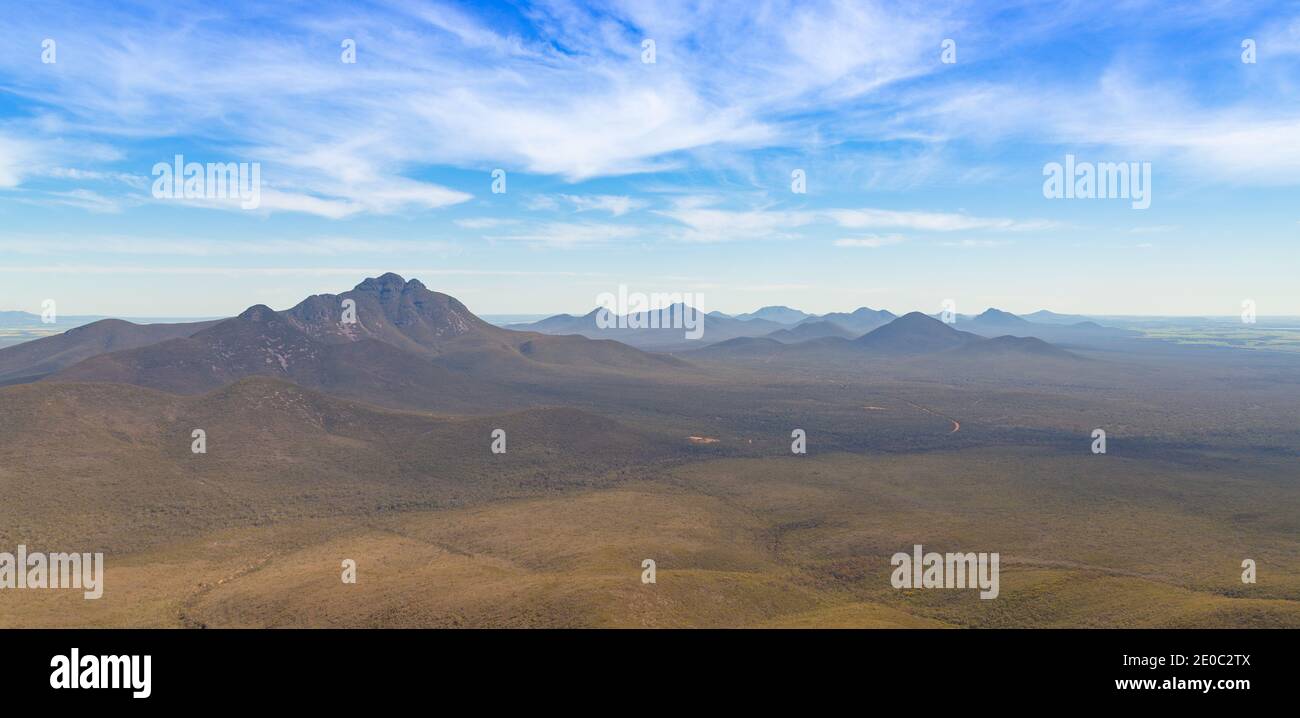 View down into the Stirling Range with Mt. Toobrunup in the Backgruond, Western Australia Stock Photo