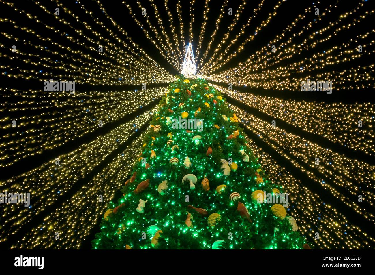 Christmas tree covered with garlands ribbons Stock Photo - Alamy