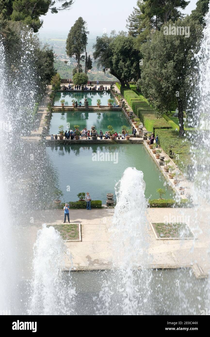 The fish ponds seen from the Fountain of the Organ (Fontana dell’Organo) in the garden of Villa d'Este, Tivoli, Italy Stock Photo