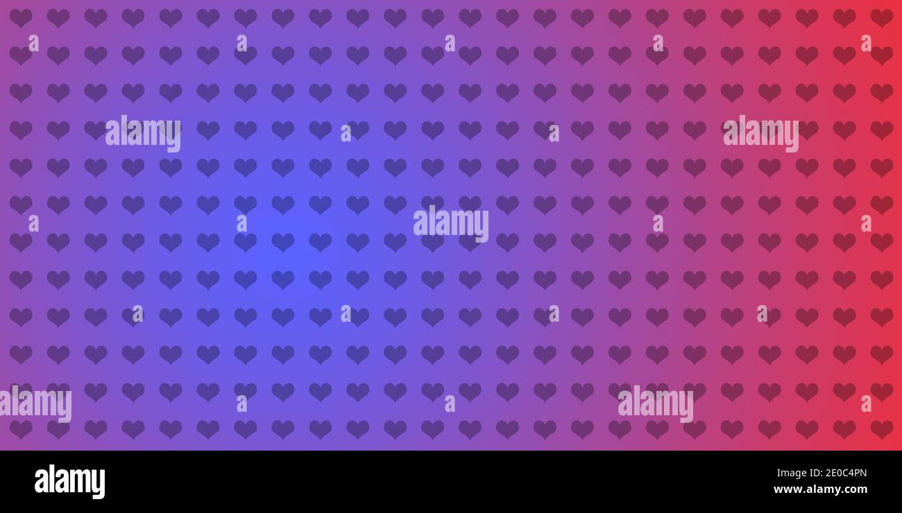 Panoramic pattern background with hearts on blue and red gradient. Stock Photo
