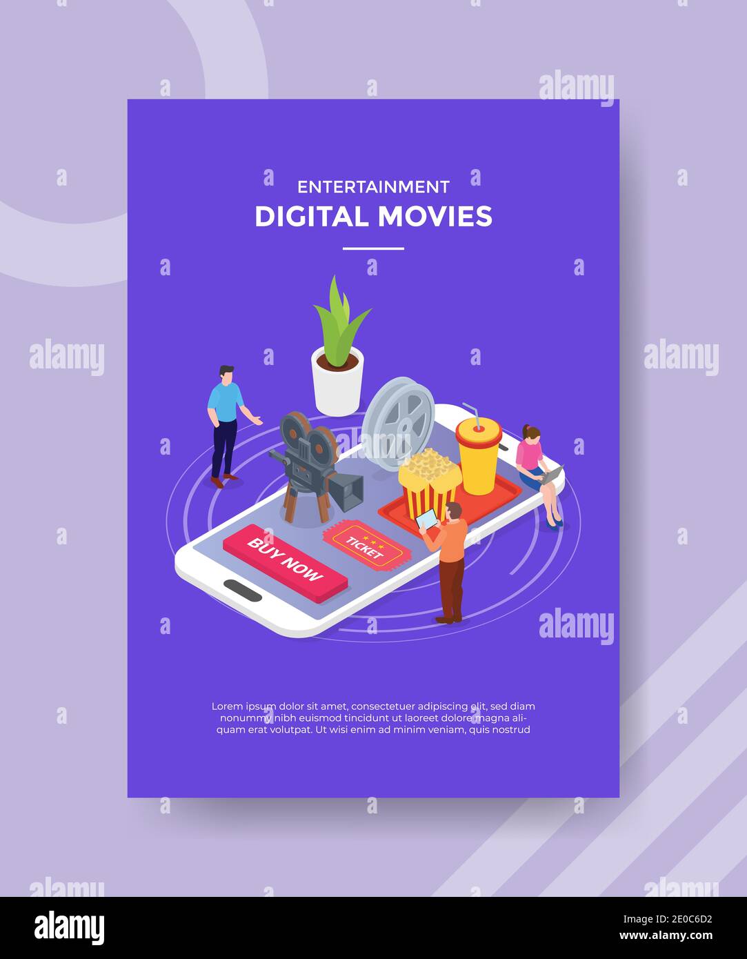digital movies concept people standing around smartphone camera film strip french fries drink for template of banner and flyer for printing magazine c Stock Photo