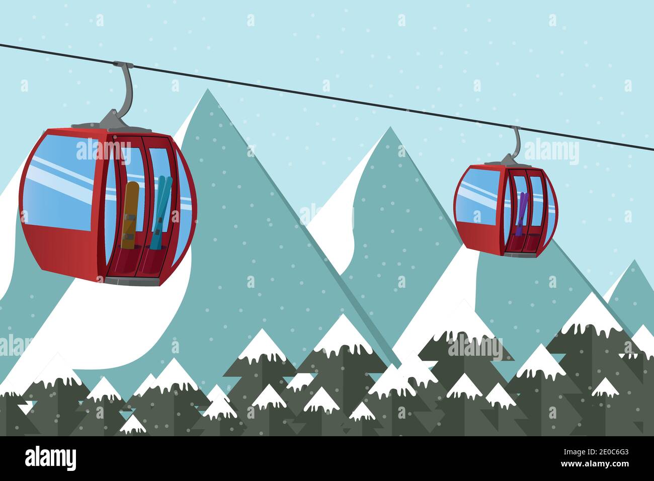 Ski lift gondola with skis and snowboard above the mountain's peak in the Alps. Extreme tourist backgrounds and vector illustrations Stock Vector