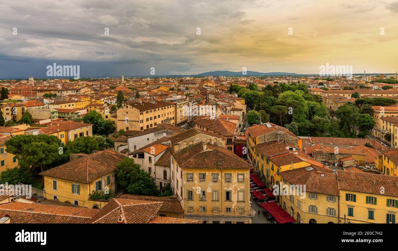Europe, Italy, Tuscany, Pisa cityscape from the leaining tower included the botanic garden. Popular tourist destination. Stock Photo