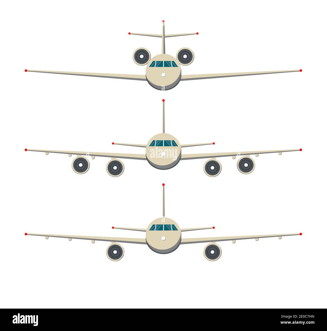 Airplane front view. Passenger or commercial jet isolated on background. Aircrfat in flat style. Set. Stock Vector