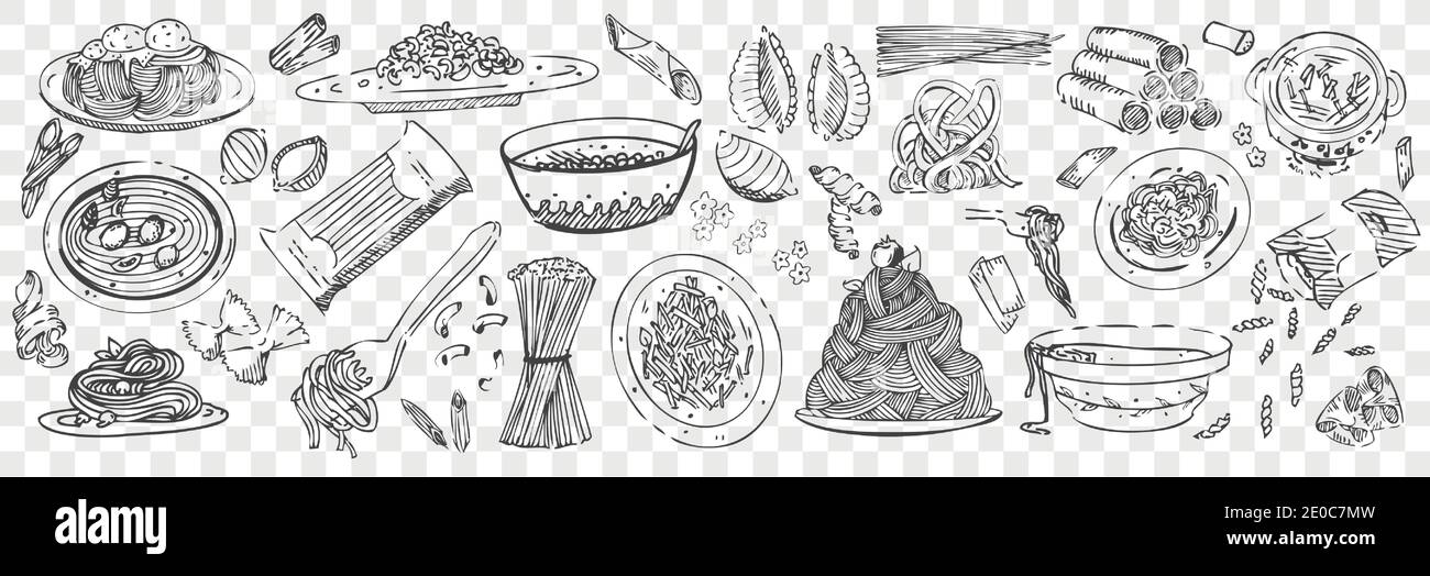Hand drawn pasta doodles set. Collection of pen pencil or chalk drawing