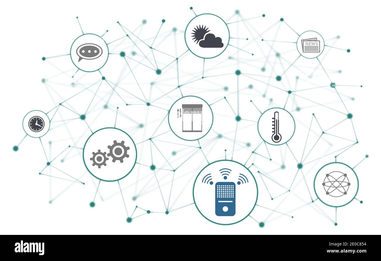 Concept of smart speaker with connected icons Stock Photo - Alamy