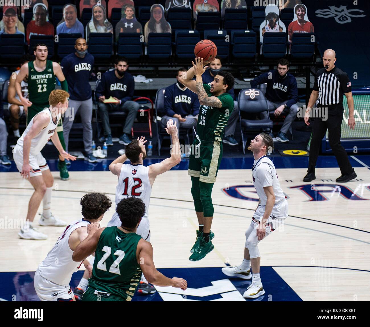 Moraga, CA U.S. 30th Dec, 2020. A. Sacramento State Hornets guard Christian Terrell (35) takes a shot during the NCAA Men's Basketball game between Sacramento State Hornets and the Saint Mary's Gaels 45-63 lost at McKeon Pavilion Moraga Calif. Thurman James/CSM/Alamy Live News Stock Photo