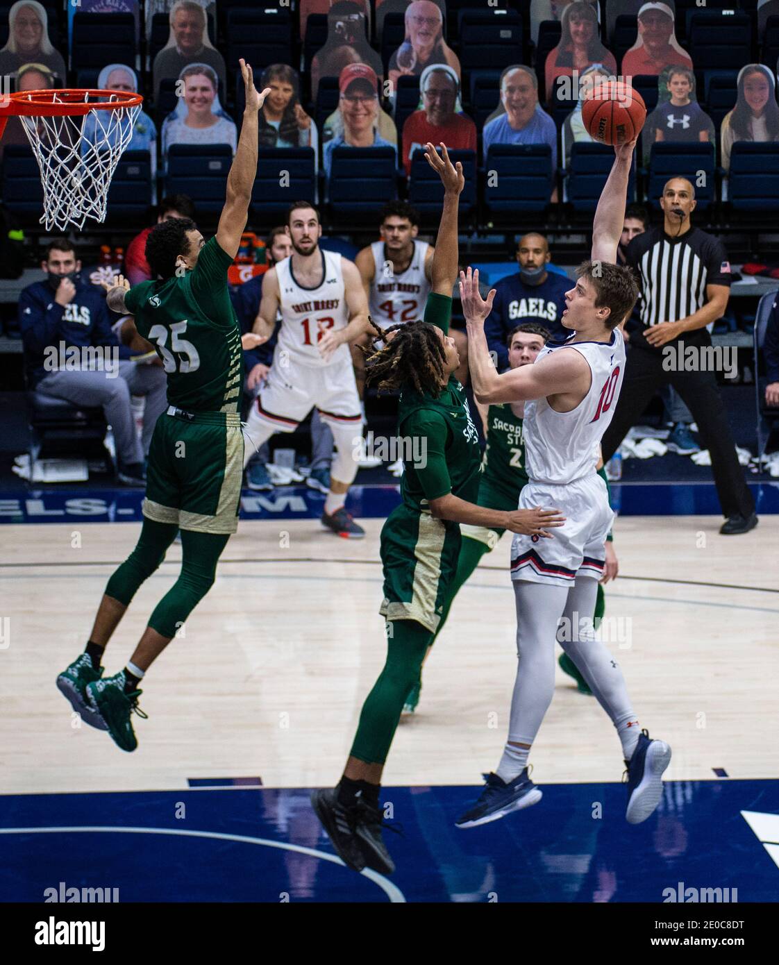 Moraga, CA U.S. 30th Dec, 2020. A. St. Mary's Gaels center Mitchell Saxen (10) takes a shot a the top of the key during the NCAA Men's Basketball game between Sacramento State Hornets and the Saint Mary's Gaels 63-45 win at McKeon Pavilion Moraga Calif. Thurman James/CSM/Alamy Live News Stock Photo