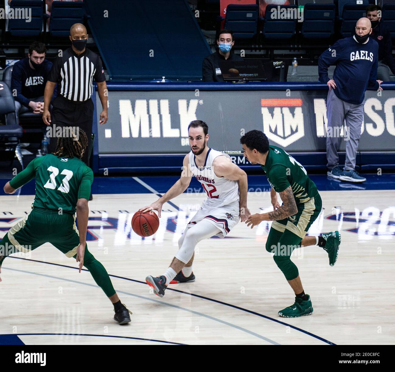 Moraga, CA U.S. 30th Dec, 2020. A. St. Mary's Gaels guard Tommy Kuhse (12) brings the ball up court during the NCAA Men's Basketball game between Sacramento State Hornets and the Saint Mary's Gaels 63-45 win at McKeon Pavilion Moraga Calif. Thurman James/CSM/Alamy Live News Stock Photo