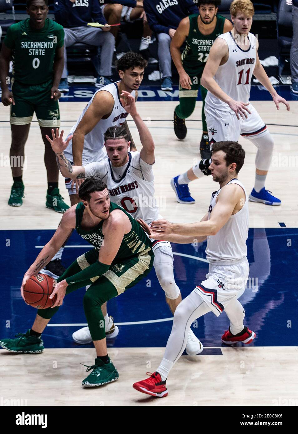 Moraga, CA U.S. 30th Dec, 2020. A. Sacramento State Hornets guard Bryce Fowler (23) looks to pass the ball during the NCAA Men's Basketball game between Sacramento State Hornets and the Saint Mary's Gaels 45-63 lost at McKeon Pavilion Moraga Calif. Thurman James/CSM/Alamy Live News Stock Photo