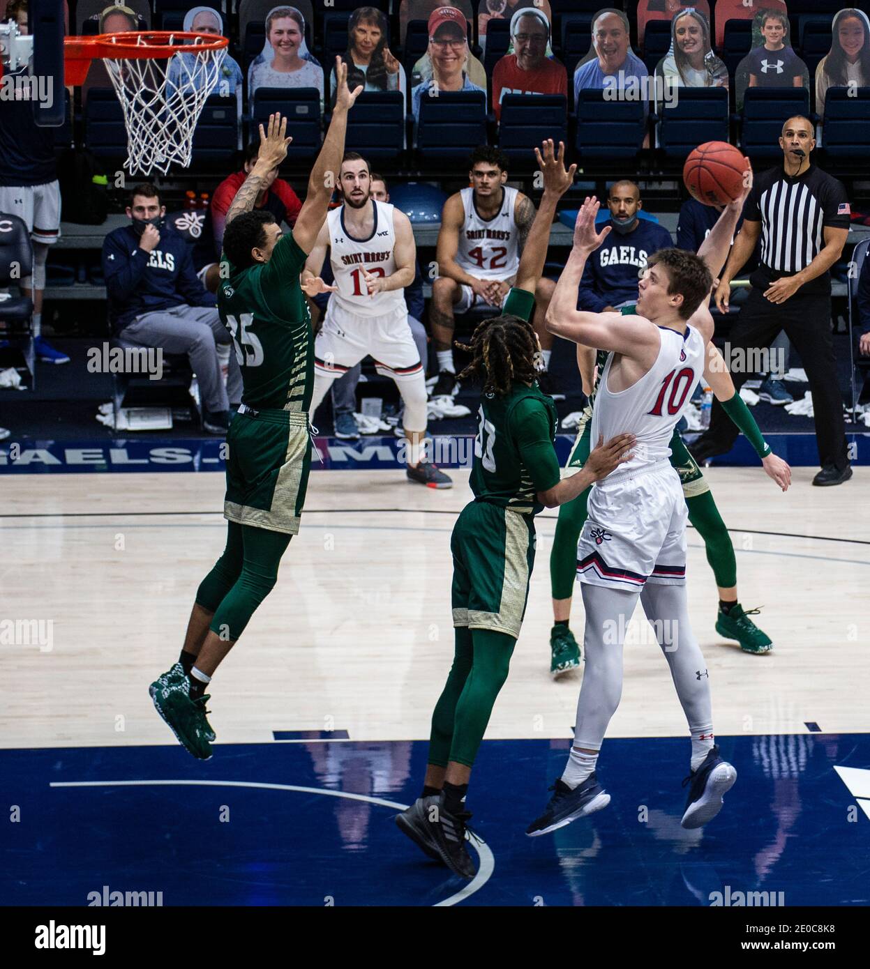 Moraga, CA U.S. 30th Dec, 2020. A. St. Mary's Gaels center Mitchell Saxen (10) takes a shot a the top of the key during the NCAA Men's Basketball game between Sacramento State Hornets and the Saint Mary's Gaels 63-45 win at McKeon Pavilion Moraga Calif. Thurman James/CSM/Alamy Live News Stock Photo