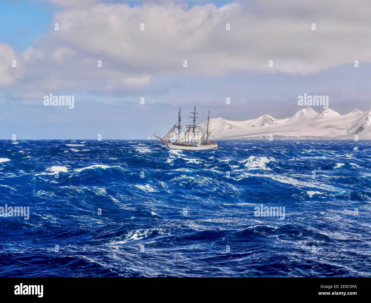 A three-masted schooner sailing in rough seas in Antarctica, traveling in a southerly direction past the snow-covered South Shetland Islands. Stock Photo