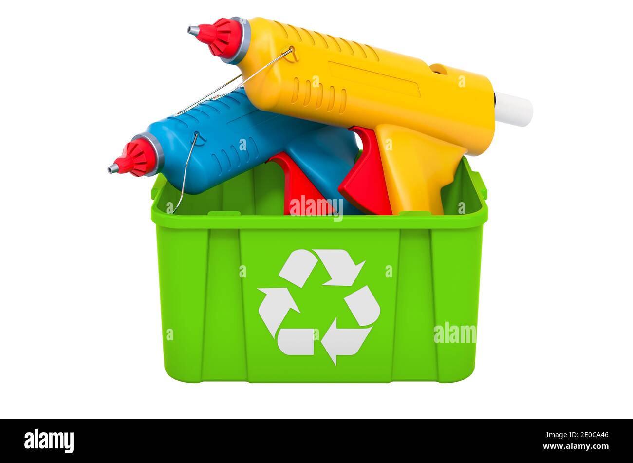 Recycling trashcan with glue guns, 3D rendering isolated on white background Stock Photo Alamy