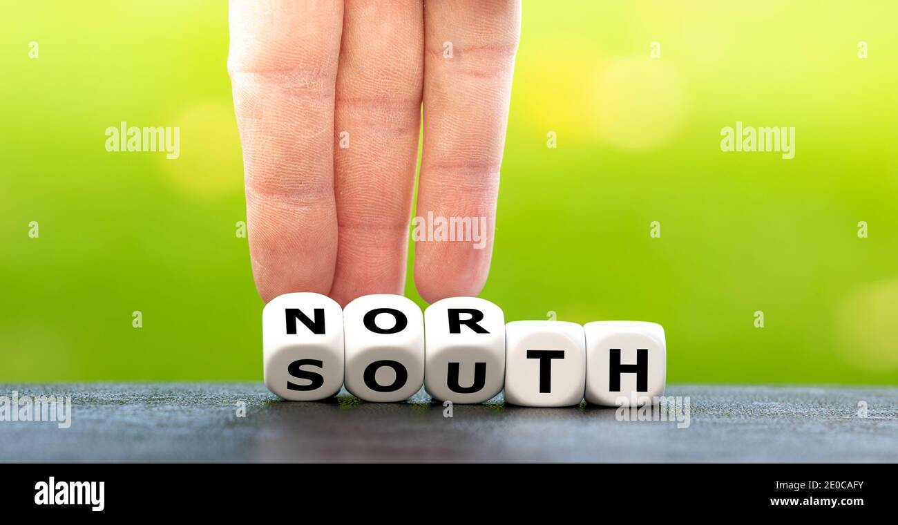 North or south? Hand turns dice and changes the word "south" to "north