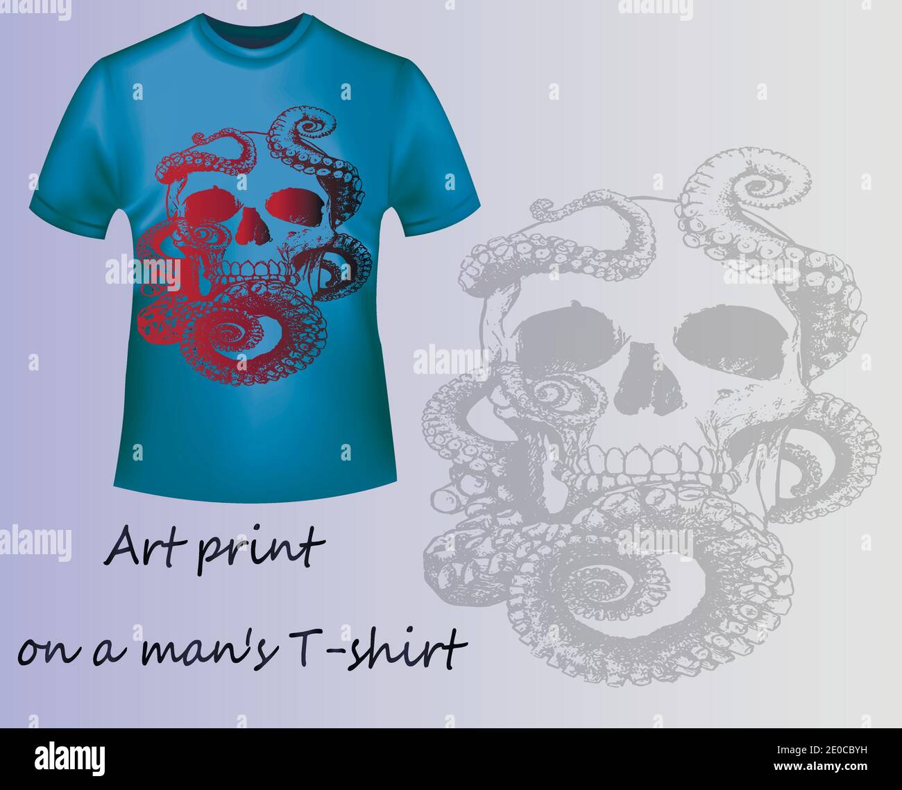 blue T-shirt with print skull and tentacles Stock Vector
