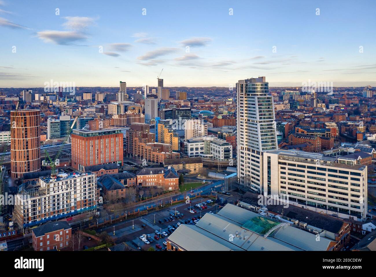 Leeds City Centre at dusk, aerial view from near Bridgewater Place looking back to the city centre, apartments, retail, hotels. Yorkshire, England Stock Photo