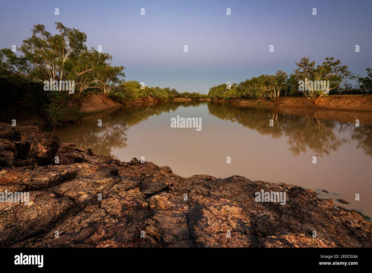 Evening mood at Barcoo River in Welford National Park. Stock Photo